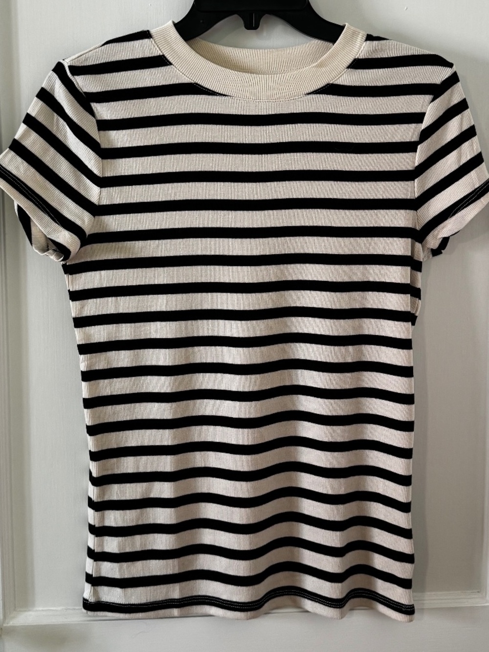 New! Rib knit short sleeved tee, size M, black/cream striped from a new day